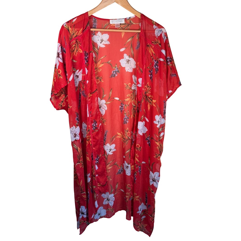 Band of Gypsies Floral Kimono Women M/L Red Chiffon Boho Beach Coverup Cardigan